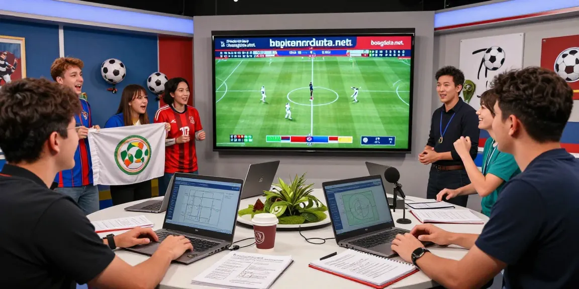 Live football analysis studio showcasing real-time stats from https://bongdata.net/ during World Cup discussions, filled with excitement and fan energy.