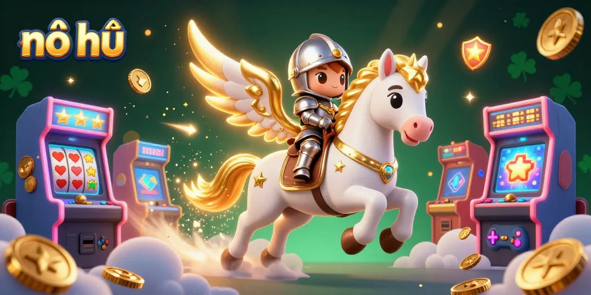 Experience the thrill of nổ hũ with a cartoon knight and celestial horse in a colorful casino universe.