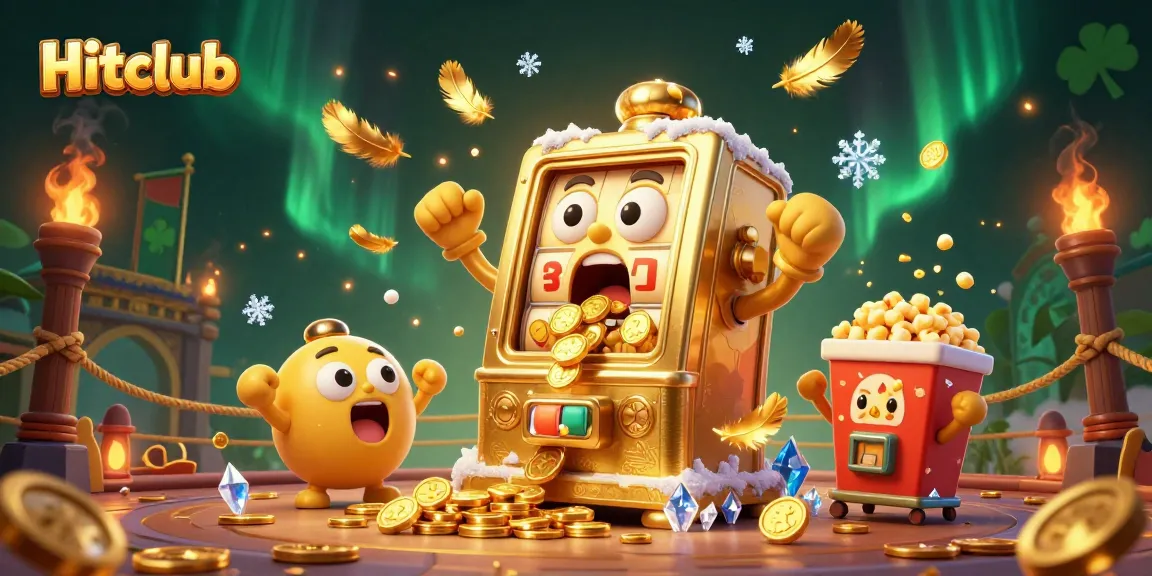 Hitclub’s golden slot machine celebrates hitting the jackpot with cheering baby machines and golden coins pouring out.