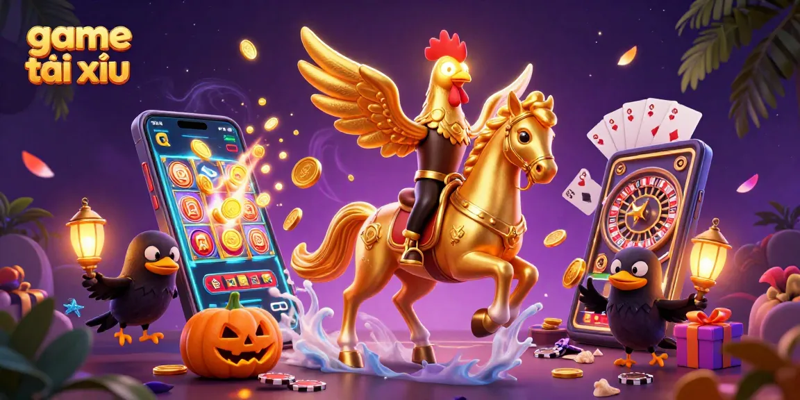 Engage with the exciting game tài xỉu, featuring dynamic illustrations of fantasy characters and classic casino elements.