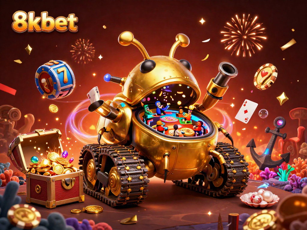 Experience the thrill of 8xbet with an engaging casino scene inside a golden beetle tank.