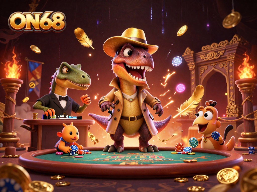 Join the action at ON68, where a veloci-raptor card counter blends into a casino scene filled with gold and excitement.