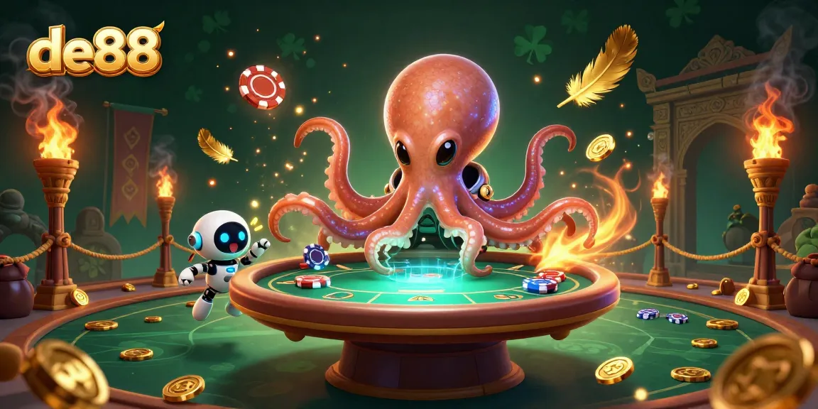 Experience thrilling poker action with de88 as an alien octopus operates a holographic table amid dazzling cosmic elements.
