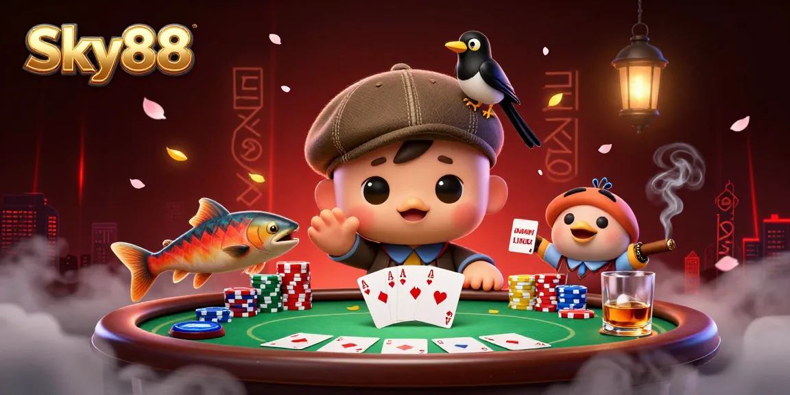 Sky88 features a playful Nessie and magpie, capturing the excitement of casino action with colorful poker elements.
