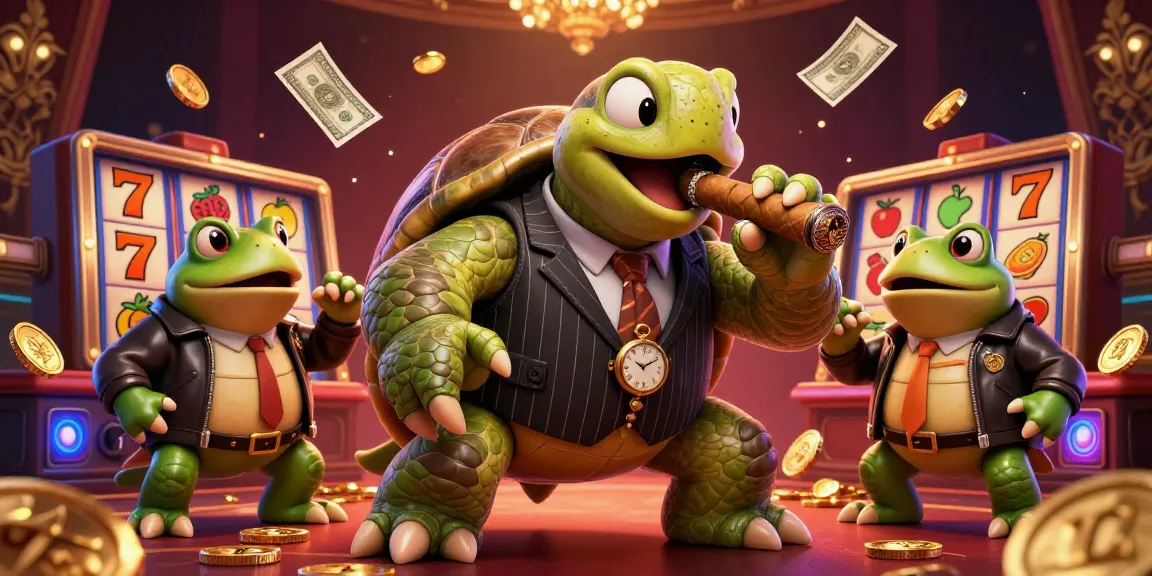 Experience 555WIN with a lively 3D casino scene featuring a snapping turtle and bullfrog enforcers.