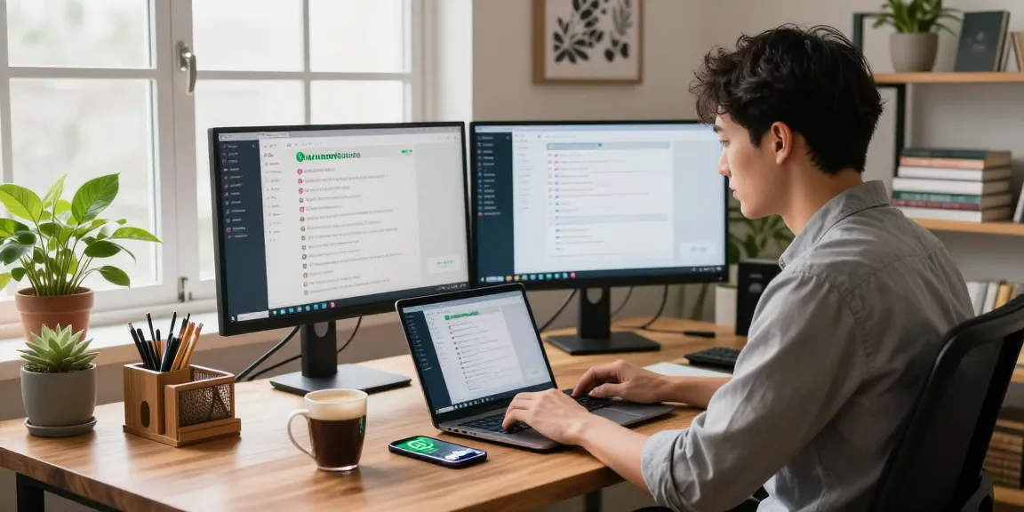 Using WhatsApp電腦版 on laptop in a modern home office setting with vibrant decor.
