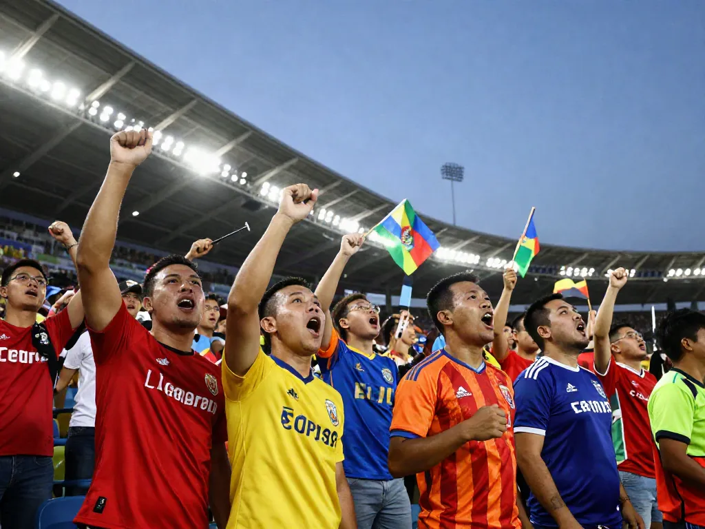 Energetic football fans engaging with thapcamtv during a live match atmosphere.