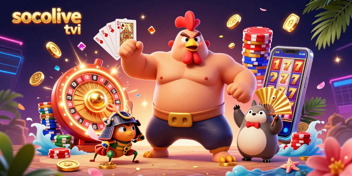Socolive tivi showcases a vibrant 3D scene with a powerful sumo rooster, cricket, and tanuki, celebrating casino wins.