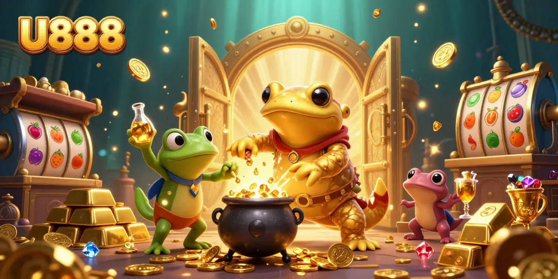 U888 promotes excitement with gold coins, vibrant characters, and dynamic slot symbols.