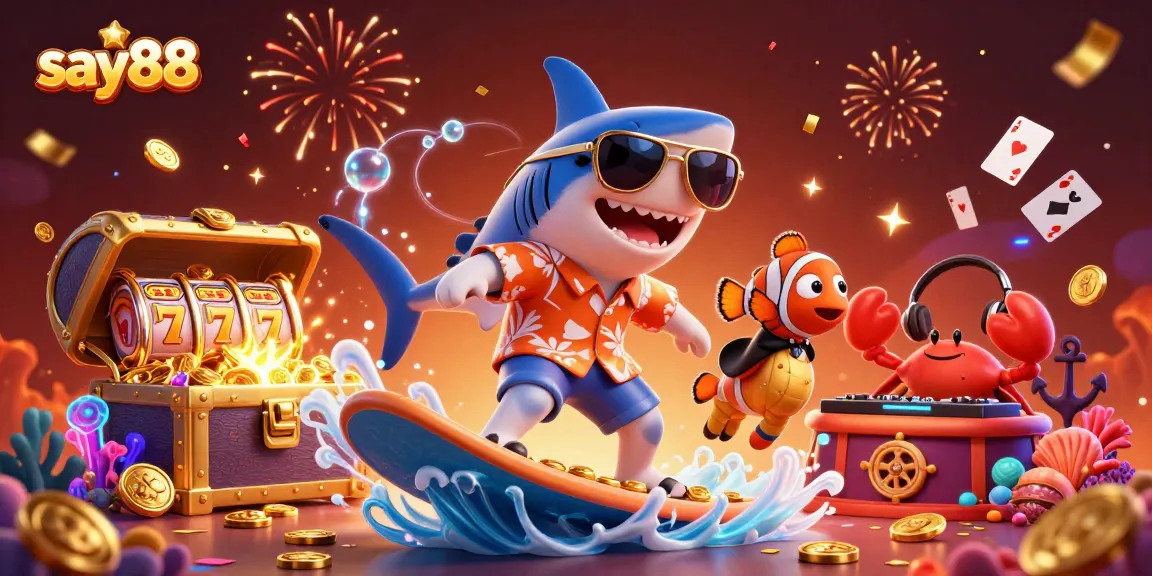 Engage with say88's exciting slots scene featuring a shark, clownfish, and crab amidst gold coins and festive decorations.
