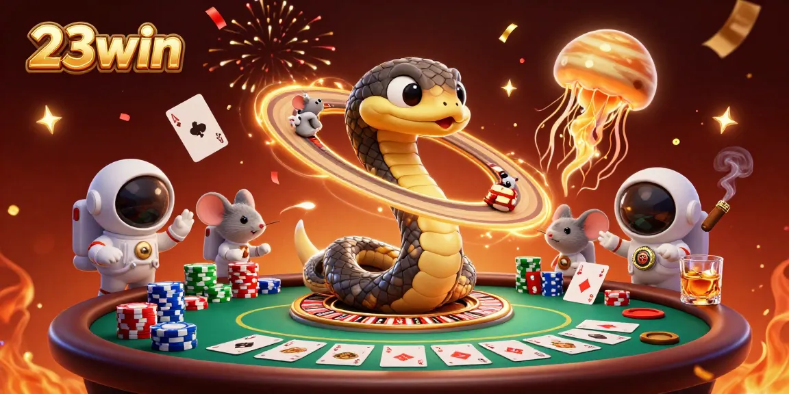 Engage with 23win as astronaut mice bet on a cosmic roulette in an exciting casino scene.