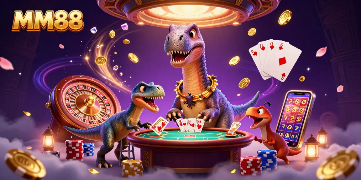 Experience MM88's thrilling casino atmosphere featuring a giant brontosaurus and clever raptor dealing cards.