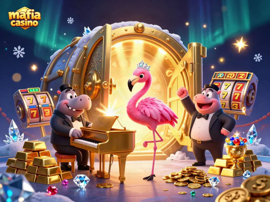 Mafia casino scene showcasing a lively flamingo singer at a grand piano surrounded by dazzling slot game elements.