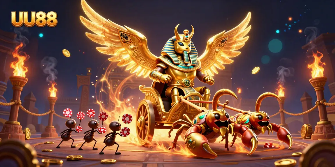 Engage with thrilling gaming at UU88 through the colossal scarab and scorpions' dynamic illustration.