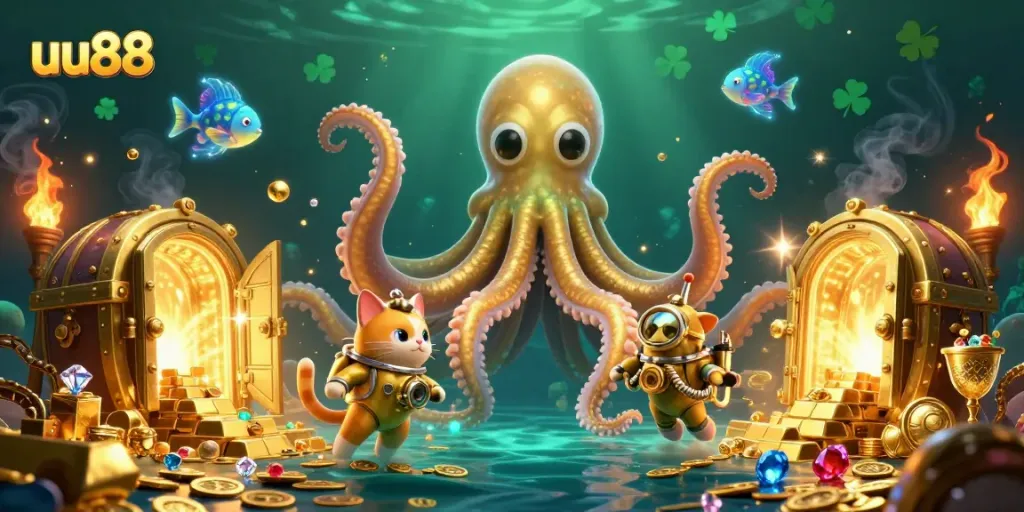 Experience the thrilling uu88 adventure in a treasure-filled ocean with a kraken and diving cat.
