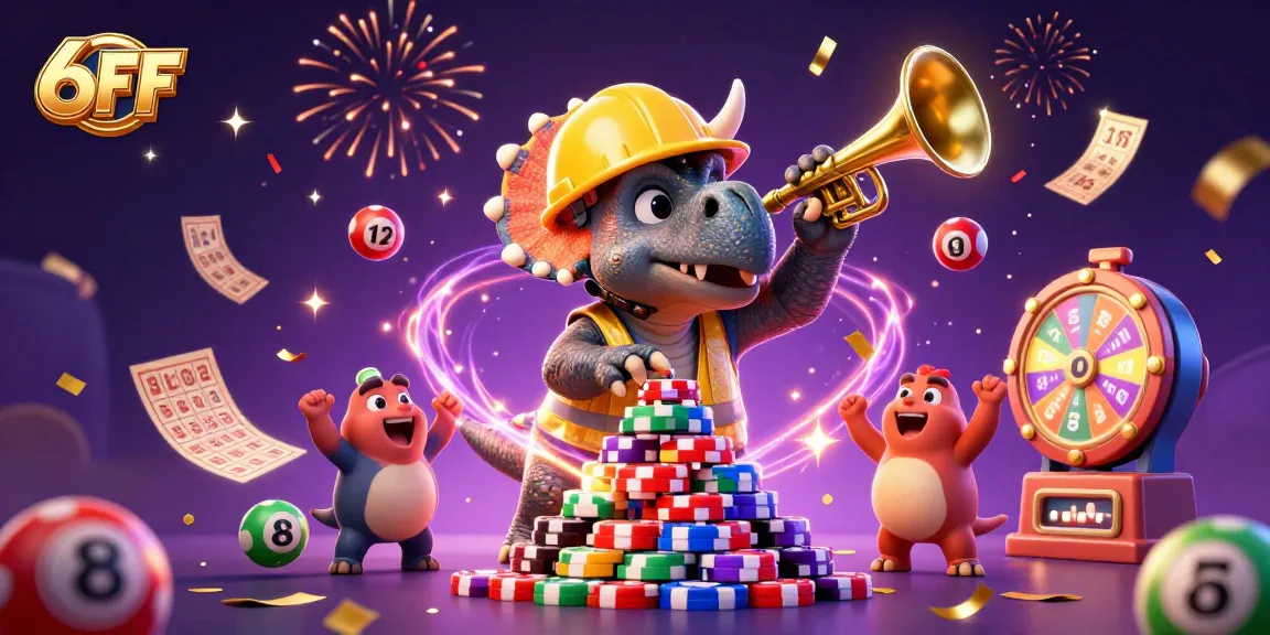 Engage with the thrilling games of 6FF as the triceratops builds a poker chip pyramid in a festive casino atmosphere.