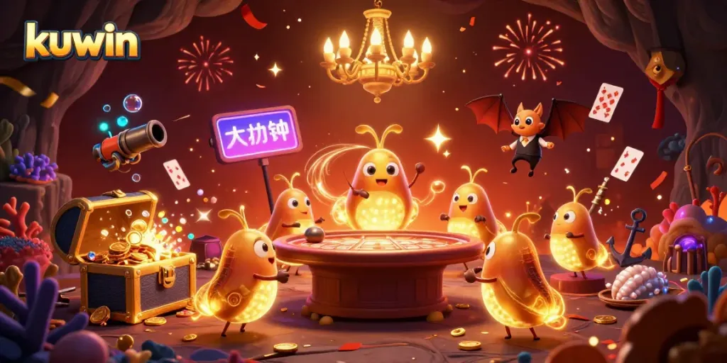 Experience the thrill of kuwin's vibrant casino ambiance with glowing creatures and sparkling treasures.