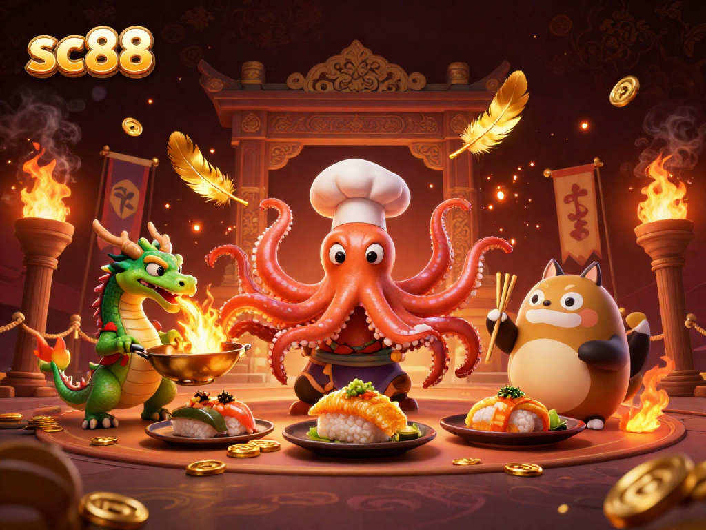Engage with sc88's thrilling atmosphere featuring a sushi chef octopus and a dragon in action.
