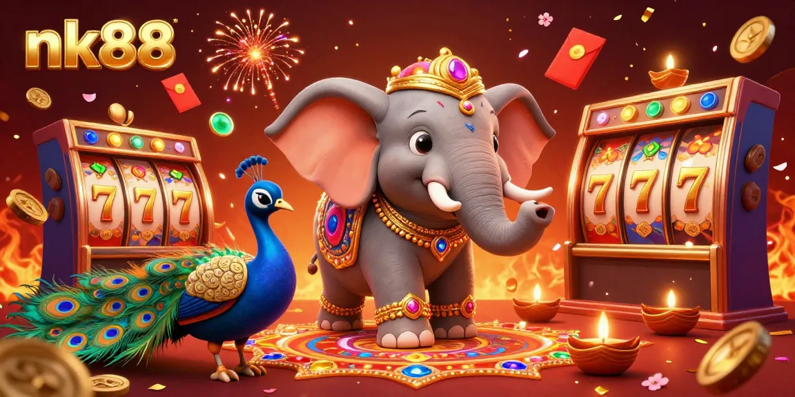 Win big at nk88 with our vibrant 3D casino scene featuring elephants and festive elements.