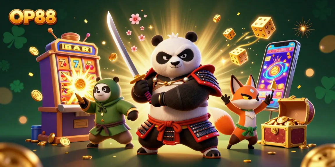 Experience OP88's thrilling casino world with dynamic samurai and fox characters among vibrant slot machines.