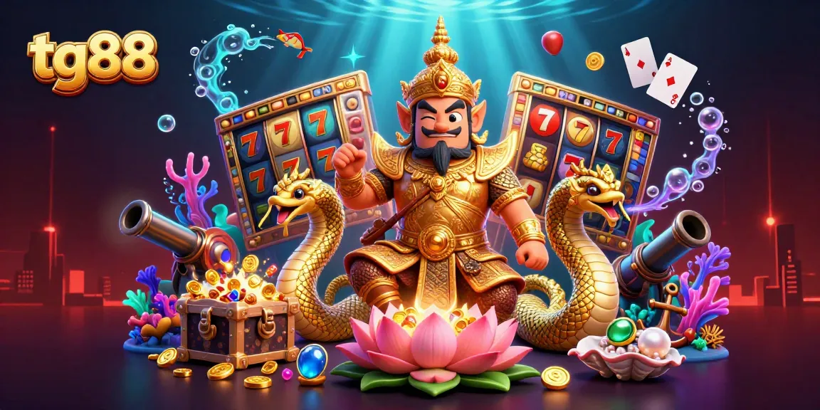 Experience the thrill of tg88 with a vibrant 3D casino scene featuring a guardian, Naga serpents, and dynamic slot elements.