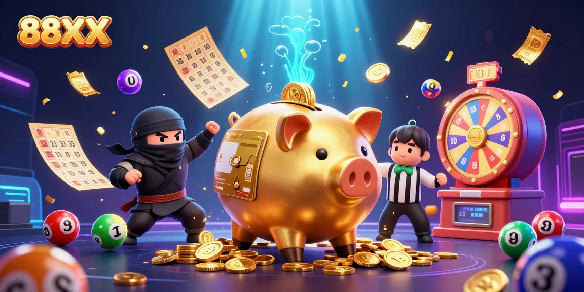 88XX interactive casino scene with a piggy bank sumo, ninja, and samurai amid falling coins.