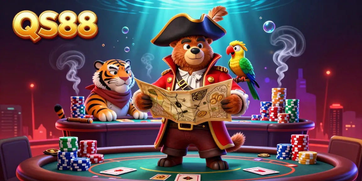 QS88 enhances your poker experience with playful pirate characters amid vibrant casino elements.