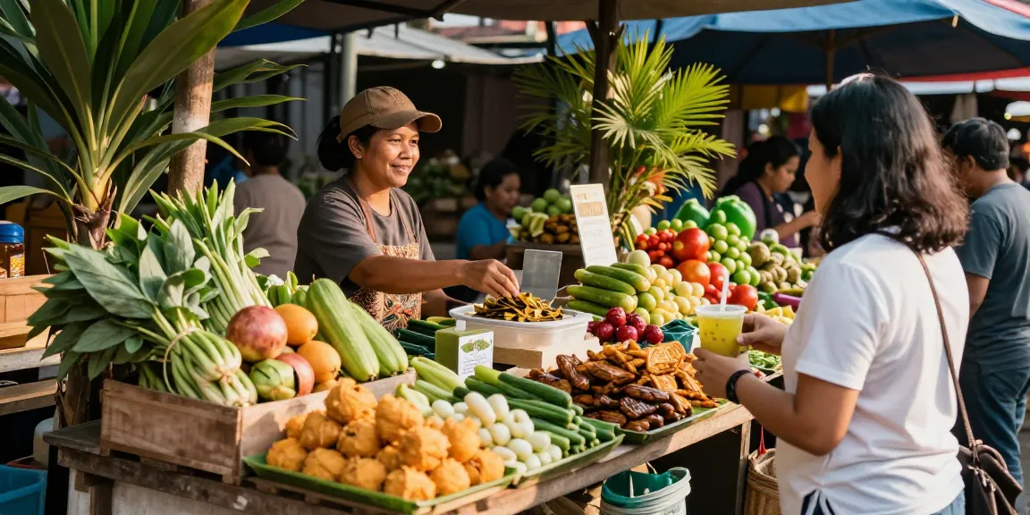 Warung225 menawarkan berbagai makanan segar dan camilan tradisional dalam suasana pasar yang ramai.