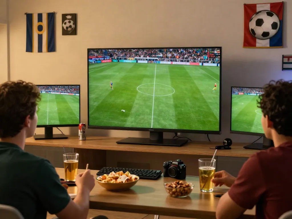 Soccer fan engaging with cakhiatv live stream in a lively setting.