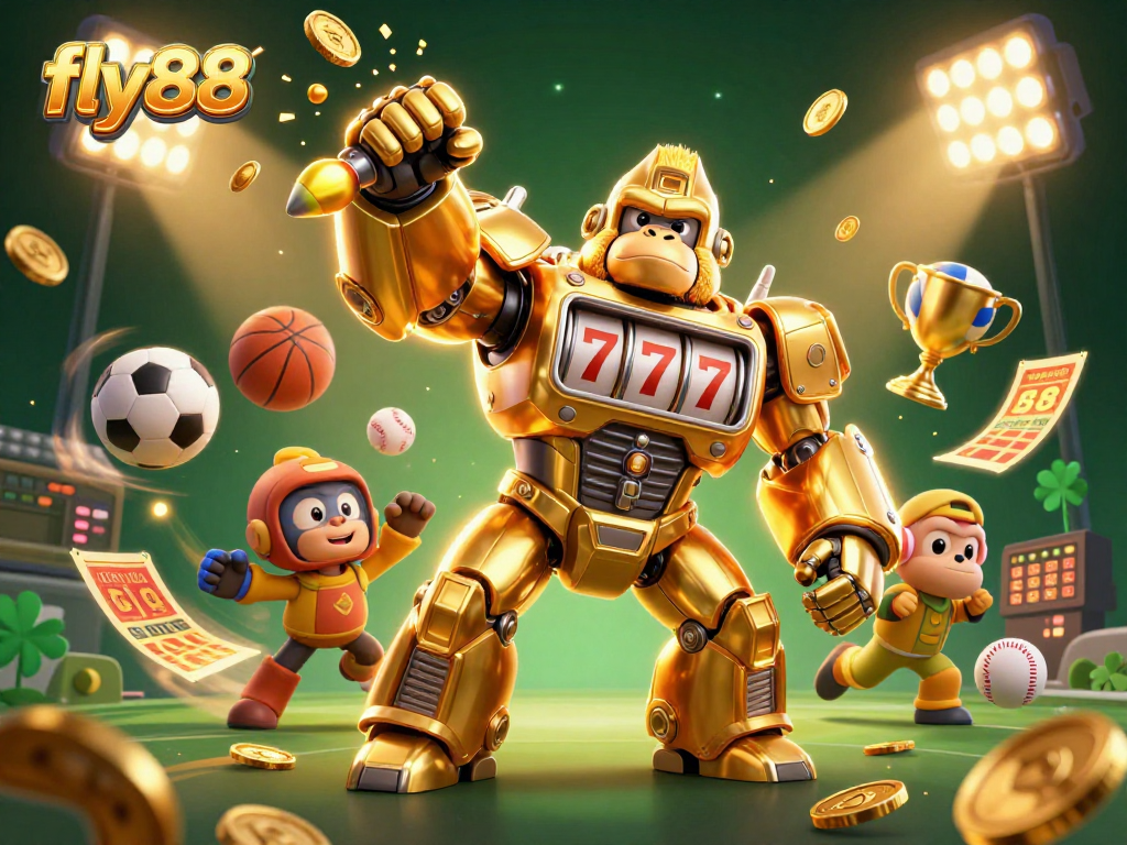 Engage with exciting fly88 gaming action as a golden gorilla mech unleashes coins in a dynamic casino scene.