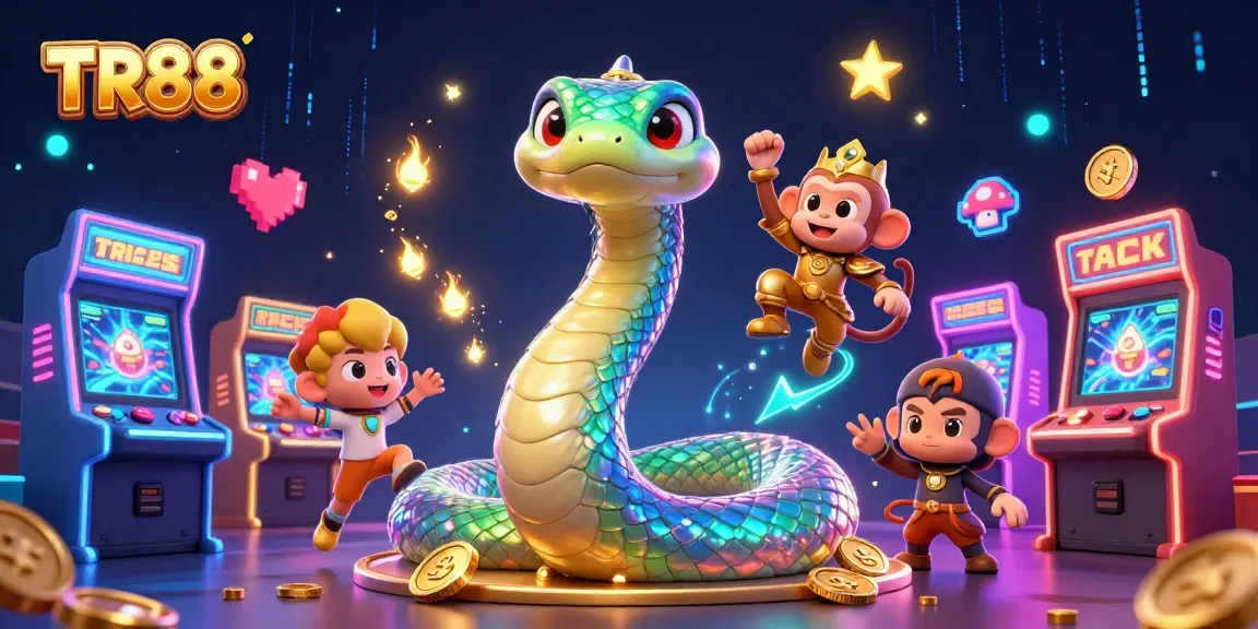 Engage with TR88's dynamic gaming atmosphere featuring a rainbow serpent and monkey king amidst colorful casino elements.