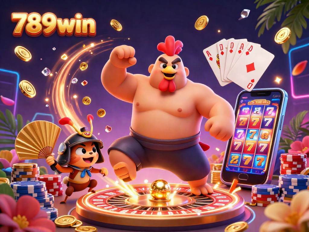 Experience the excitement of 789win with a dynamic 3D illustration featuring a sumo wrestler rooster, samurai cricket, and tanuki announcer.