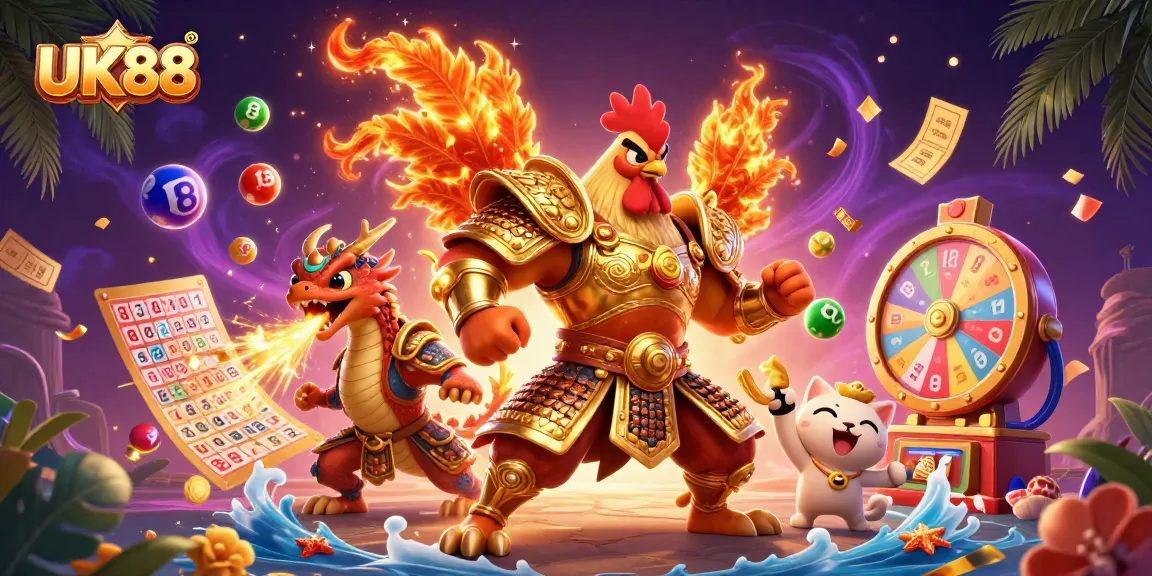 UK88's stunning illustration of a fighting rooster warrior beside a dragon and fortune cat, embodying dynamic luck and casino excitement.