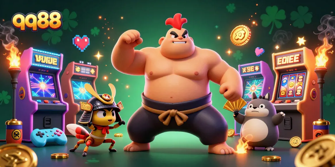 Engage with qq88's thrilling slot experience featuring a powerful sumo rooster in an exciting gaming scene.