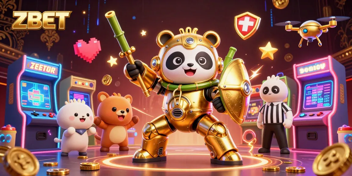 ZBET's vibrant online gaming scene featuring a mech-suit panda in a lively arcade environment