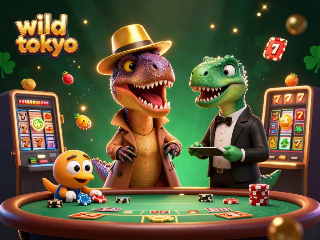 Experience the excitement of wild tokyo casino with a thrilling 3D velociraptor at a blackjack table, surrounded by dynamic game elements.