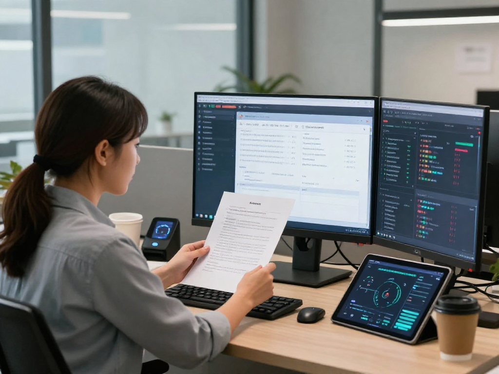 Focused compliance analyst performing document fraud detection analysis using AI tools in a modern office.