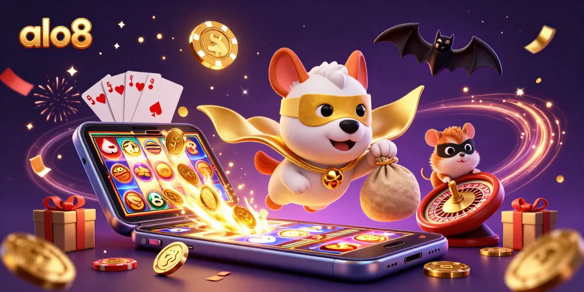 Experience thrilling gaming action with alo8, featuring a superhero dog and vibrant slots.