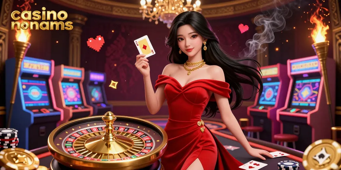 Scopri il brivido dei casino non aams con un'illustrazione mozzafiato di una donna accanto a una ruota della roulette, dettagli di gioco glamour.