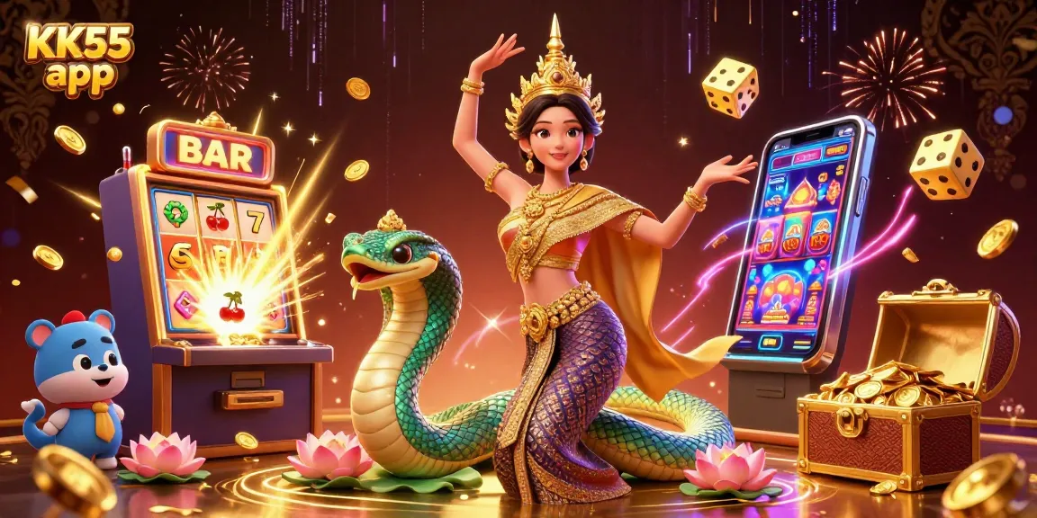 Win big with KK55 app in an exciting 3D casino scene featuring jackpots and colorful games.