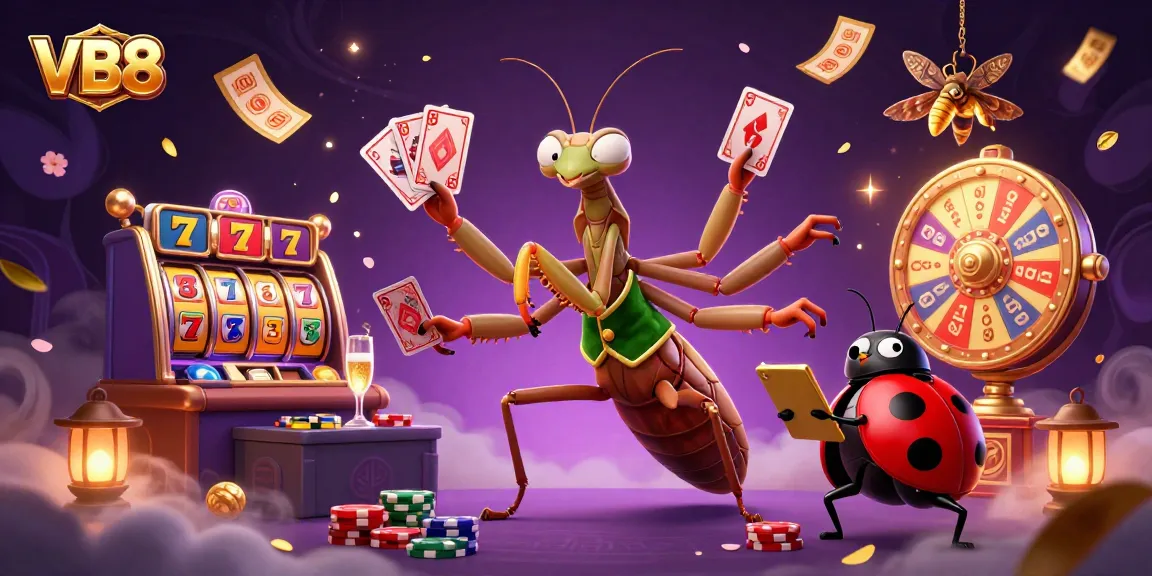 Experience the excitement of VB8 in this vibrant, animated casino scene with slot reels and a lively atmosphere.