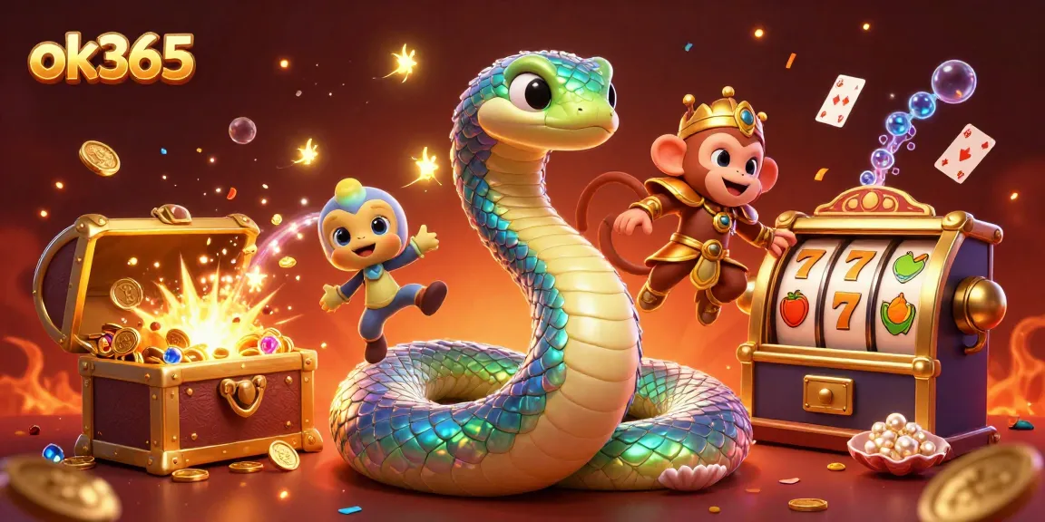 Spin and win at ok365 with vibrant slot games featuring a rainbow serpent and playful characters.