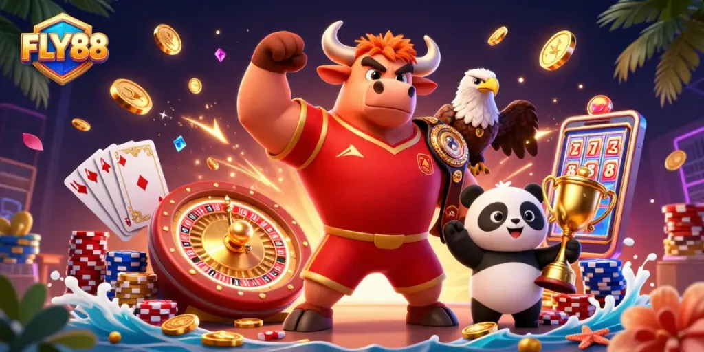 FLY88 showcases a vibrant victory scene with mascot characters celebrating wins in the casino.