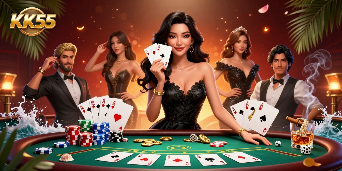 Engage with KK55 in a vibrant casino scene with elegant characters, poker cards, and colorful chips.