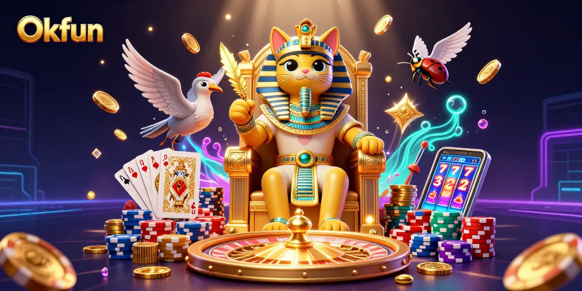 Experience exciting gameplay at Okfun with pharaoh-themed casino elements in a vibrant setting.
