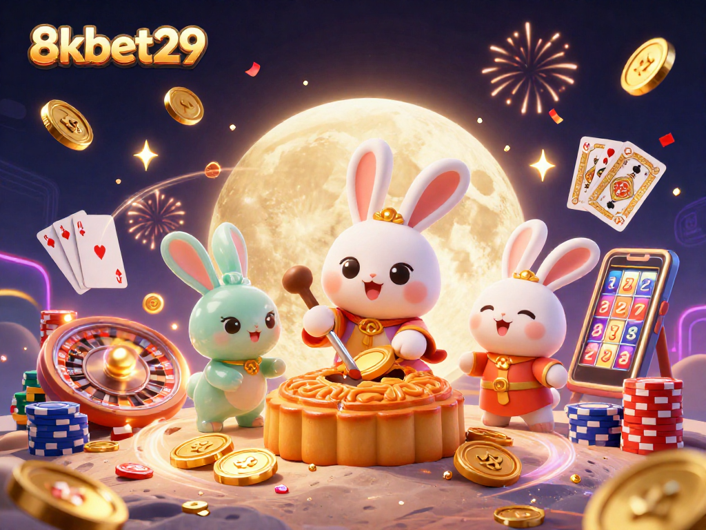 Experience the excitement with 8kbet29: Moon rabbit reveals poker chips amidst dazzling casino elements.