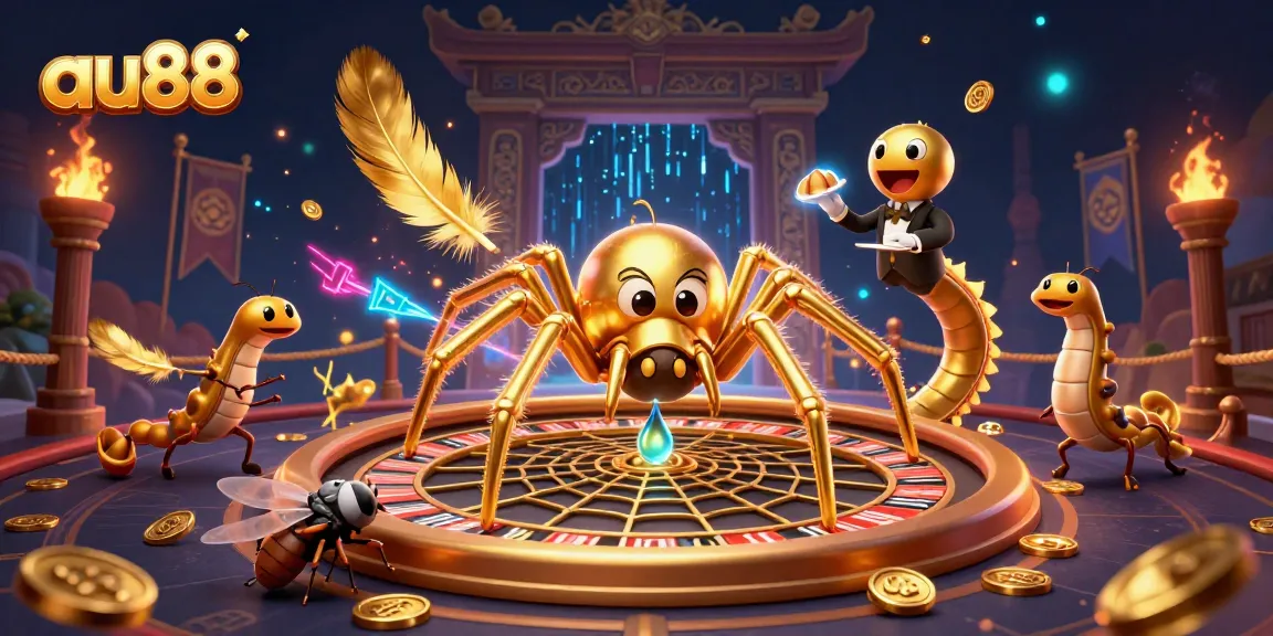 Experience excitement at au88 with a golden spider and centipede croupier in a vibrant casino scene