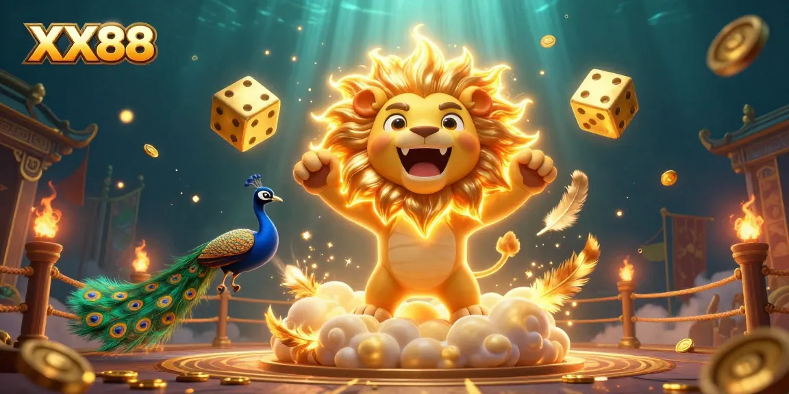 Experience the thrill of betting at XX88 with a vibrant casino scene featuring golden dice and a roaring lion.