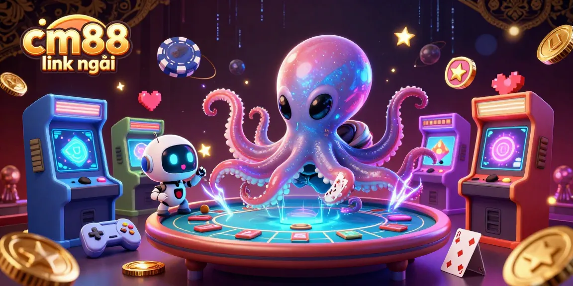 Experience cm88 link mới with an alien octopus at a dynamic poker table in a colorful casino scene.