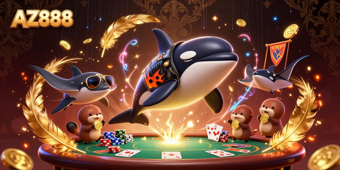 Play exciting poker games at AZ888 with a dynamic 3D illustration featuring fun sea creatures.